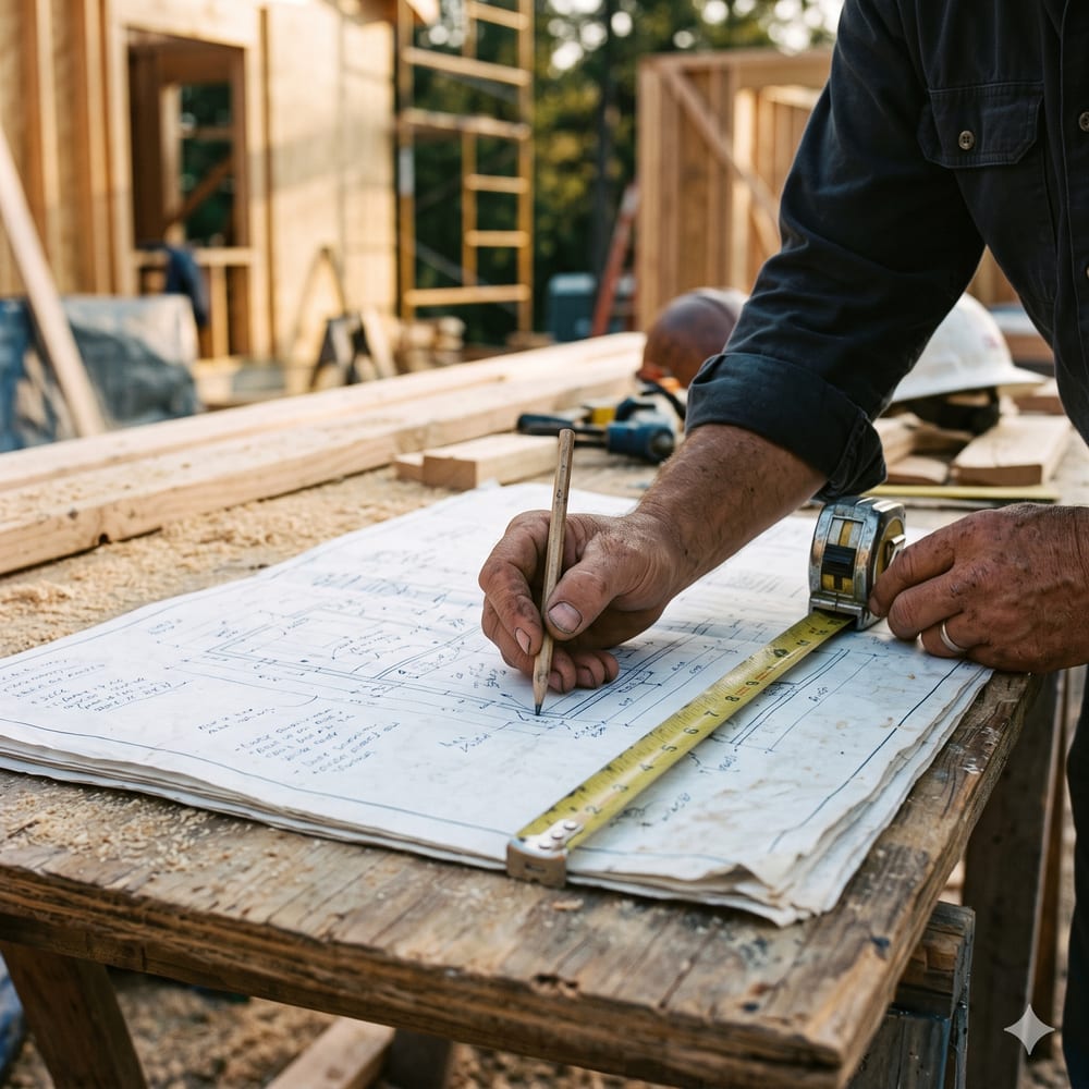 Close-up of a builder marking up construction plans with a pencil and tape measure on a workbench