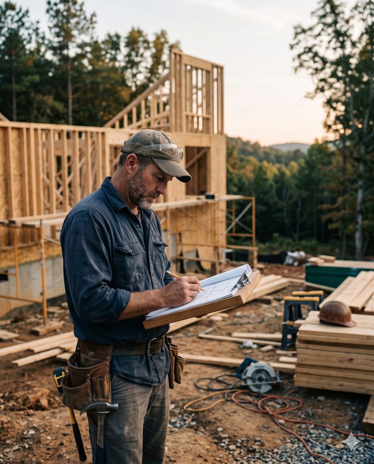 A builder reviewing house plans on a wood-framed custom home under construction in the South Carolina Upstate at golden hour